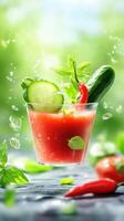 Gazpacho drink with pepper and basil, served outside in summer, for healthy nutrition concepts photo