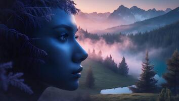 Woman Profile with Forest Background and Mountain View at Sunset photo
