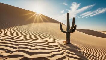 Cactus in Desert Landscape with Sand Dunes and Bright Sunlight photo