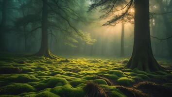 Walking Through a Foggy Forest with Sunlight Breaking Through Trees photo