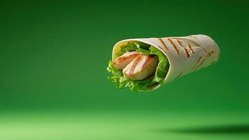 Grilled chicken wrap with fresh greens floating against green background. For menu promotions photo