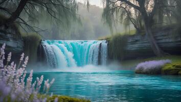 Cascading Waterfall Flowing Into Blue Pool with Lush Green Surroundings photo
