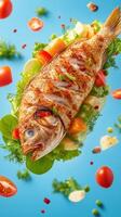Grilled fish served on salad, with veggie pieces floating around for healthy eating campaign photo