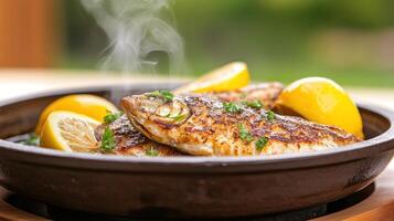 Grilled fish with lemon and herbs served in a bowl, steaming, with a green bokeh background photo