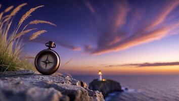 Compass on Cliffside with Lighthouse View During Colorful Sunset Hour photo