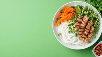 Grilled meat skewers with rice noodles and fresh herbs in a bowl on a green background photo