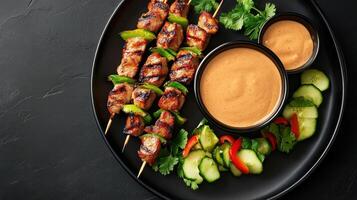Grilled Meat Skewers With Sauce And Vegetables, on a black plate, used in a food blog, with black background photo