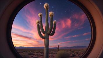 Desert Landscape with Saguaro Cactus at Sunset Through Circular Window photo