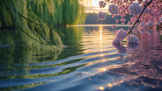 Reflecting Lake with Cherry Blossoms and Weeping Willow Branches photo