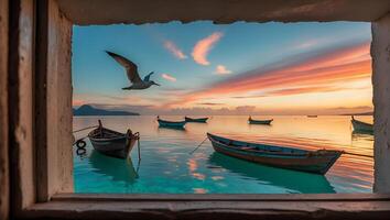 Window View of Boats on Calm Ocean with Bird at Sunset photo
