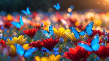 Butterflies Flying Over Colorful Flower Field at Sunset with Bokeh photo