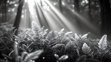 Sunlight Streaming Through Forest Canopy Illuminating Ferns in Monochrome photo