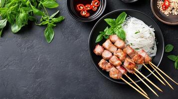 Grilled pork skewers with rice noodles and basil. Dark background for menu, cookbook photo