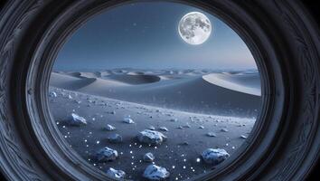 Desert Landscape Through Window at Night with Moon and Stars photo