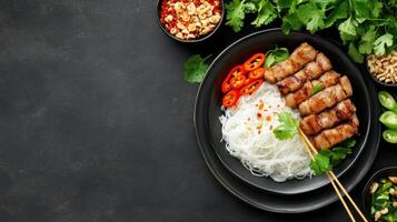 Grilled pork with rice noodles, fresh herbs chilli on black plate. Copy space for menu or recipe photo