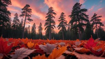 Autumn Forest Landscape with Fallen Leaves and Colorful Sunset Sky photo
