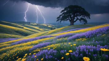 Striking Lightning Over Flower Field and Tree Landscape photo