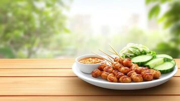 Grilled sausage skewers on plate, with sauce, cucumber cabbage, bokeh garden background for menu photo