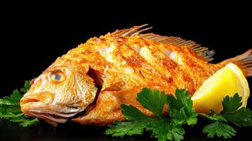 Grilled whole fish served with lemon parsley garnish. Black background. Food shot for a cookbook photo