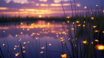 Glowing Flower Lights Reflecting on Calm Lake at Sunset photo