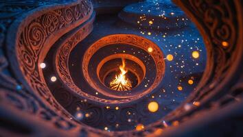 Burning Campfire Within a Stone Circle with Glowing Embers Around photo