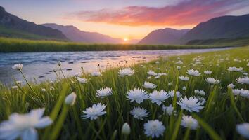 Scenic River Flowing Through Mountain Valley Meadow at Colorful Sunset photo