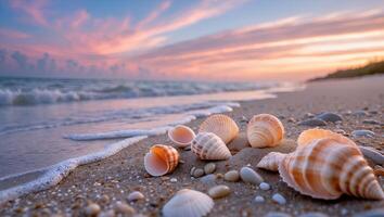 Seashells on Sandy Beach with Ocean Waves at Sunset Scenery photo
