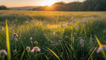 Spiderweb on Grassy Field at Dawn with Wildflowers and Sunlight photo