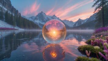 Sphere Reflecting Mountain Landscape on Tranquil Lake at Colorful Sunset photo