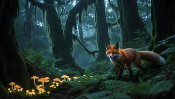 Fox Standing in Mystical Forest with Glowing Mushrooms and Ferns photo