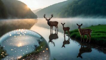 Deer Family Standing in Lake with Sunrise Reflected in Orb photo