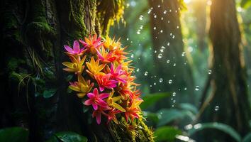 Colorful Forest Flowers Bloom on Tree Trunk with Morning Dew photo