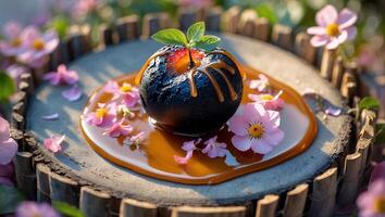 Black Apple with Caramel Drizzle and Pink Flowers on Wooden Surface photo