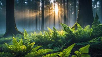 Ferns Growing in Forest with Sunlight Streaming Through Trees photo