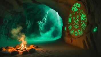 Campfire Burning Inside Cave with Glowing Symbols and Mist photo
