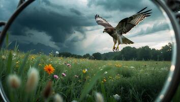 Hawk Flying Over Wildflower Meadow Viewed Through a Round Mirror photo