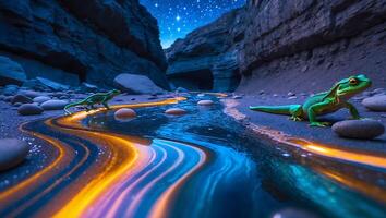 Lizard Exploring a Glowing Stream in a Rocky Canyon at Night photo