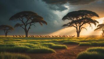 Herd Migrating Across African Savannah at Sunset with Dramatic Sky photo