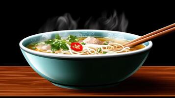 Hot noodle soup with chopsticks served on a wooden table with black background for menus and recipes photo