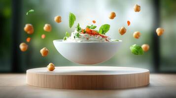 Hummus creation chickpeas, herbs falling over dip on stand against window, for menu, cookbook photo