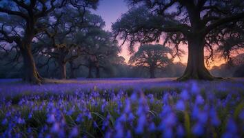 Scenic Field of Bluebells with Majestic Trees Under a Colorful Sky photo