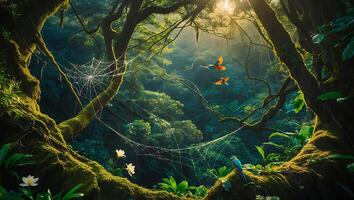 Lush Jungle Scene with Spiderwebs, Flowers, and Flying Parrots photo