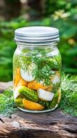 Jar of pickled vegetables on wooden surface with green foliage. Possible cookbook image photo