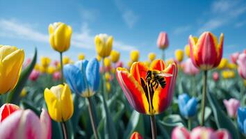Bee Collecting Pollen From Colorful Tulip in Spring Field Under Sky photo