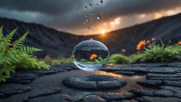 Floating Water Drop Reflects Landscape and Flower on Rainy Day photo