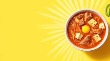 Kimchi soup with tofu and egg is served on a yellow table for a nutritious meal photo