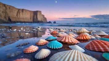 Seashells on the Beach Reflecting Sunset Colors Near Cliffs and Ocean photo