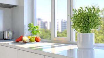 Kitchen view plants, fruits stove top, bright daytime sunlight, urban background. Stock image photo