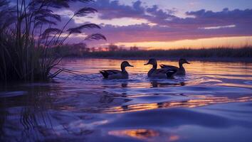 Ducks Swimming in Calm Water at Sunset with Colorful Sky View photo
