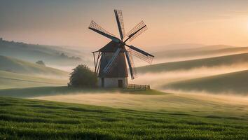 Windmill on Rolling Green Hills with Morning Fog and Sunrise Glow photo